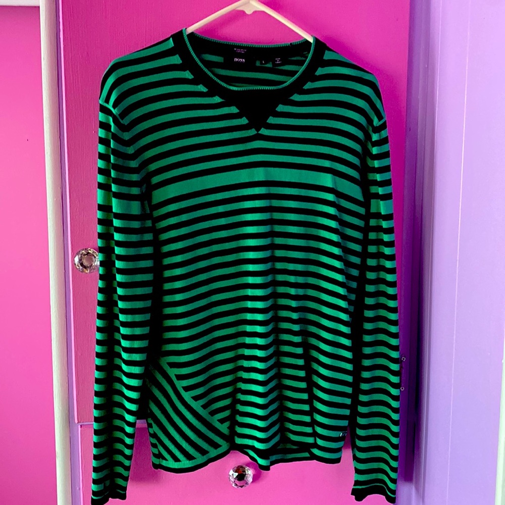 Hugo Boss Green And Black Striped Sweater